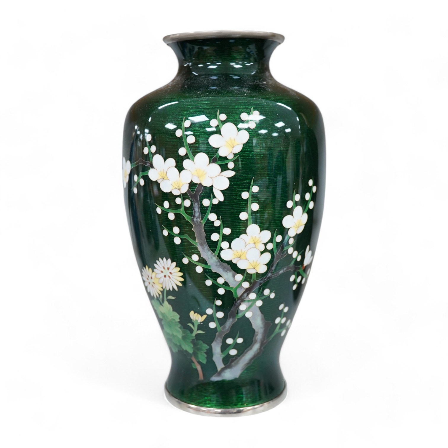 A mid 20th century Japanese green prunus silver wire cloisonné enamel vase, by Ando, 19cm high., Condition - good